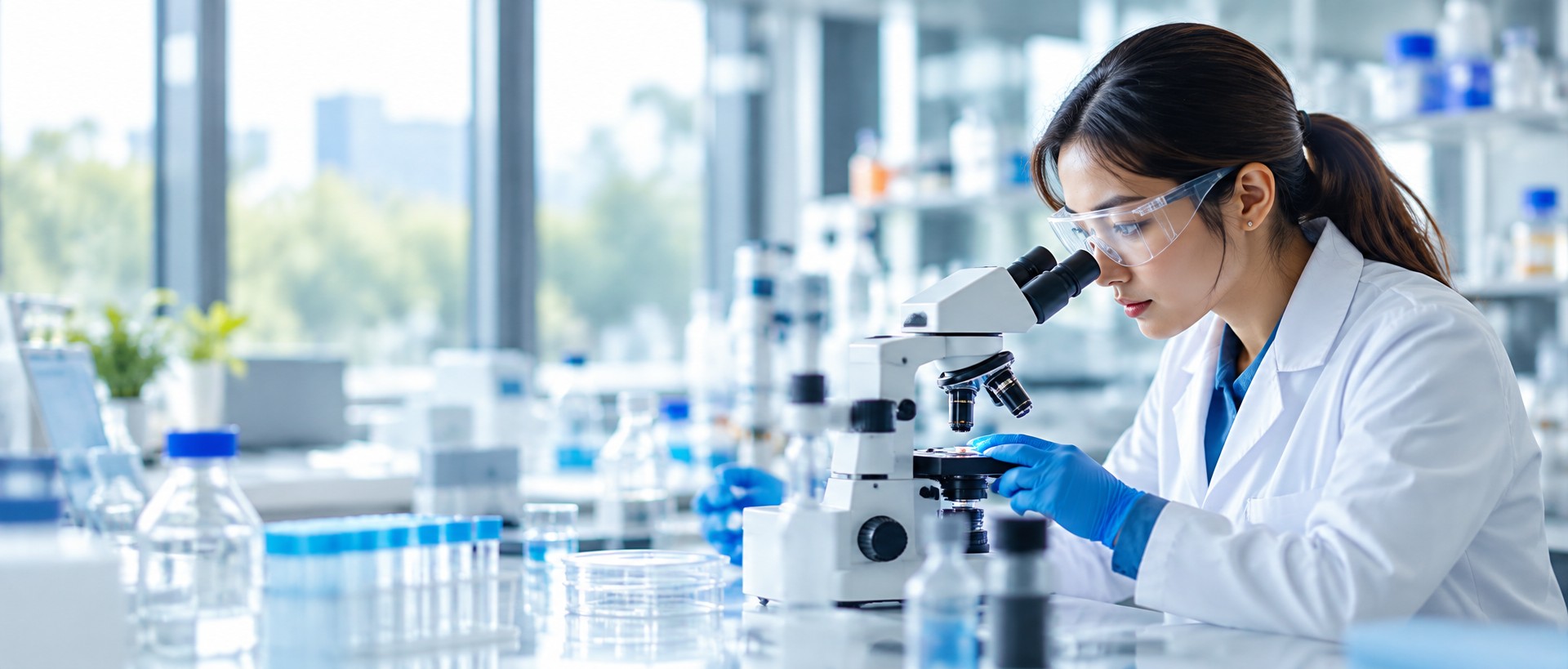 Researcher working with a microscope in a contemporary laboratory